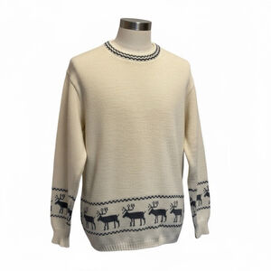 Vintage 70s 80s Jersild Reindeer Sweater Men’s Size Large Cream Blue‎ USA Made